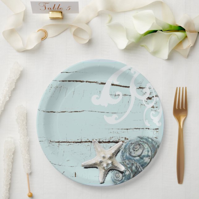 Coastal aqua blue beach wood starfish seashell paper plates (Wedding)