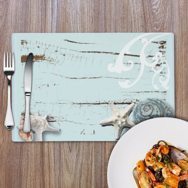Coastal aqua blue beach wood starfish seashell placemat (Coastal aqua blue beach wood starfish seashell placemat)