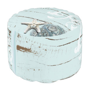 Coastal aqua blue beach wood starfish seashell pouf