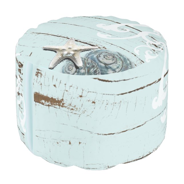 Coastal aqua blue beach wood starfish seashell pouf (Angled Back)
