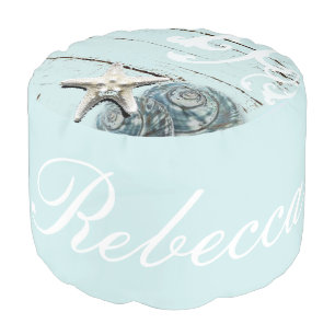 Coastal aqua blue beach wood starfish seashell pouf