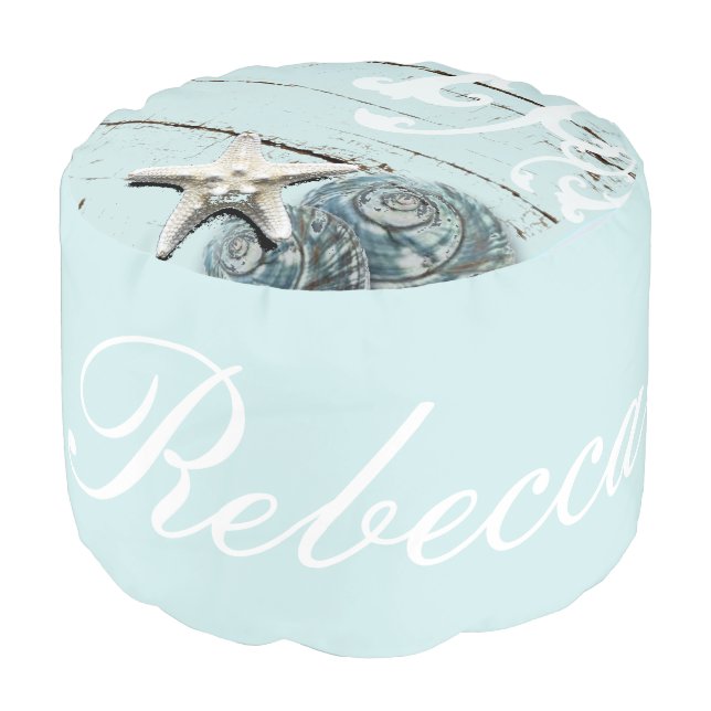 Coastal aqua blue beach wood starfish seashell pouf (Angled Front)