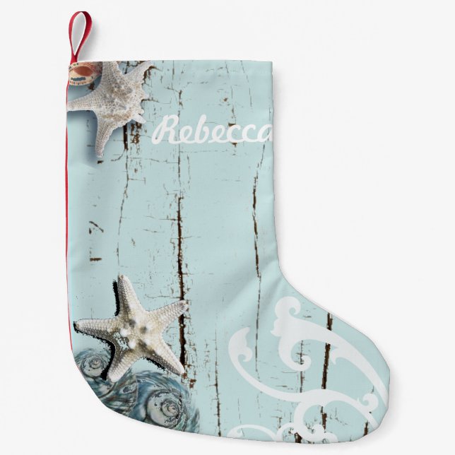 Coastal aqua blue beach wood starfish seashell small christmas stocking (Front)
