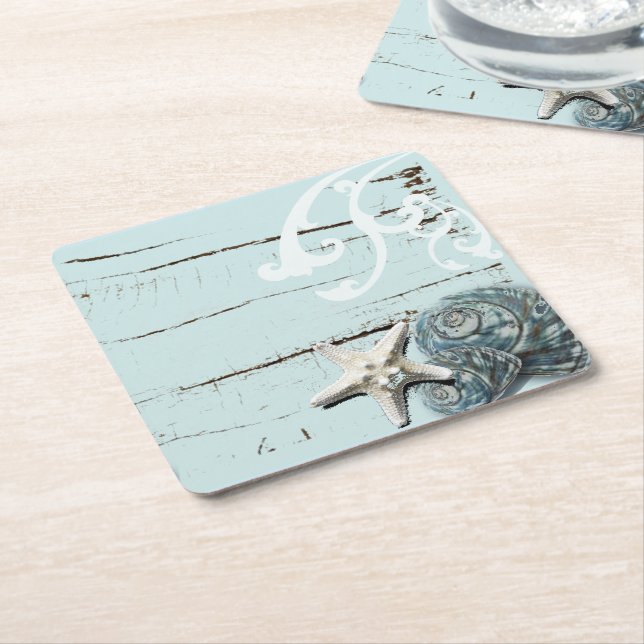 Coastal aqua blue beach wood starfish seashell square paper coaster (Angled)