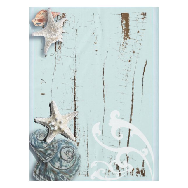 Coastal aqua blue beach wood starfish seashell tablecloth (Front)