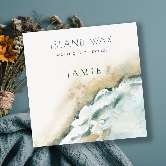 Coastal Aqua Blue Sea Waves Sand Beach Watercolor  Square Business Card (Creator Uploaded)