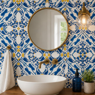 Coastal Arabesque Blue Botanical Mosaic Elegant Ceramic Tile