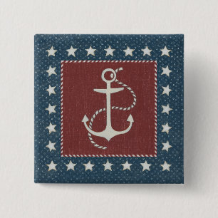 Coastal Art Anchor on Red Pinback Button