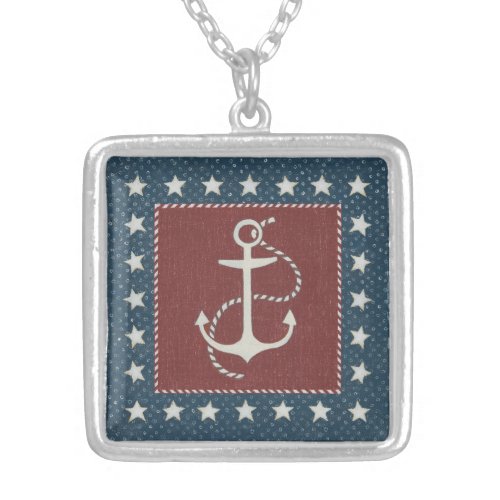 Coastal Art  Anchor on Red Silver Plated Necklace