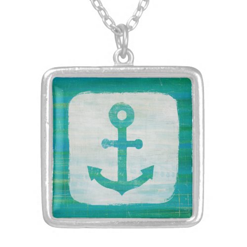 Coastal Art  Aqua Anchor Silver Plated Necklace