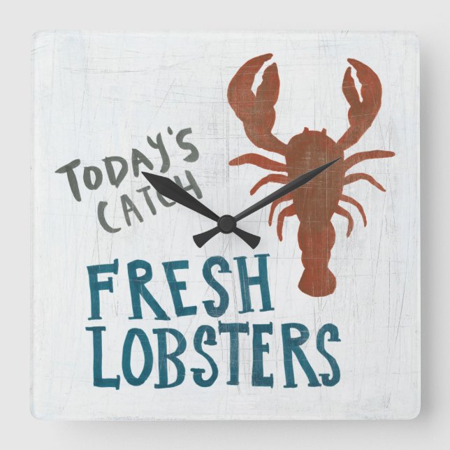 Coastal Art | Fresh Lobsters Square Wall Clock (Front)