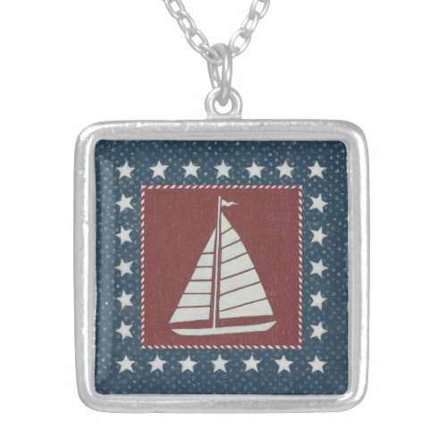 Coastal Art  Sailboat on Red Silver Plated Necklace