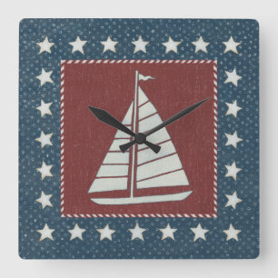 Coastal Art   Sailboat on Red Square Wall Clock