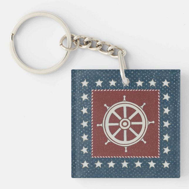 Coastal Art | Ship wheel on Red Keychain (Front)