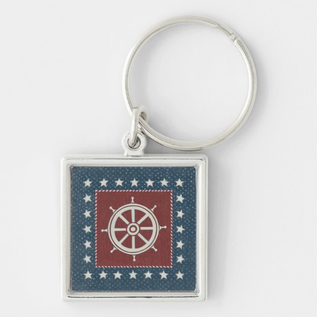 Coastal Art | Ship wheel on Red Keychain (Front)