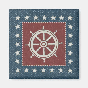 Coastal Art Ship wheel on Red Magnet