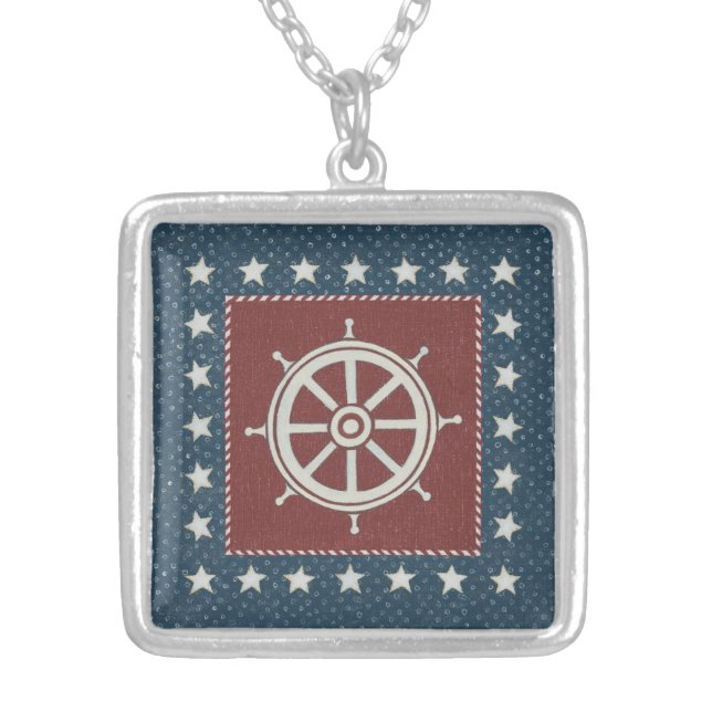 Coastal Art | Ship wheel on Red Silver Plated Necklace (Front)