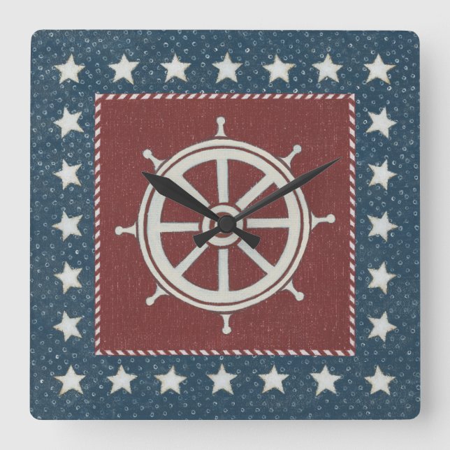 Coastal Art | Ship wheel on Red Square Wall Clock (Front)