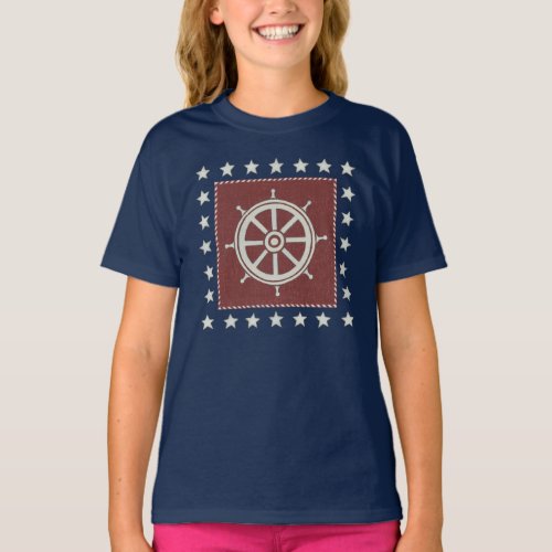 Coastal Art  Ship wheel on Red T_Shirt