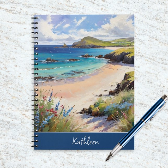 Coastal Art Watercolor Beach Picture Personalized Notebook (A personalized, spiral-bound notebook, with coastal beach and ocean design in a watercolor style)