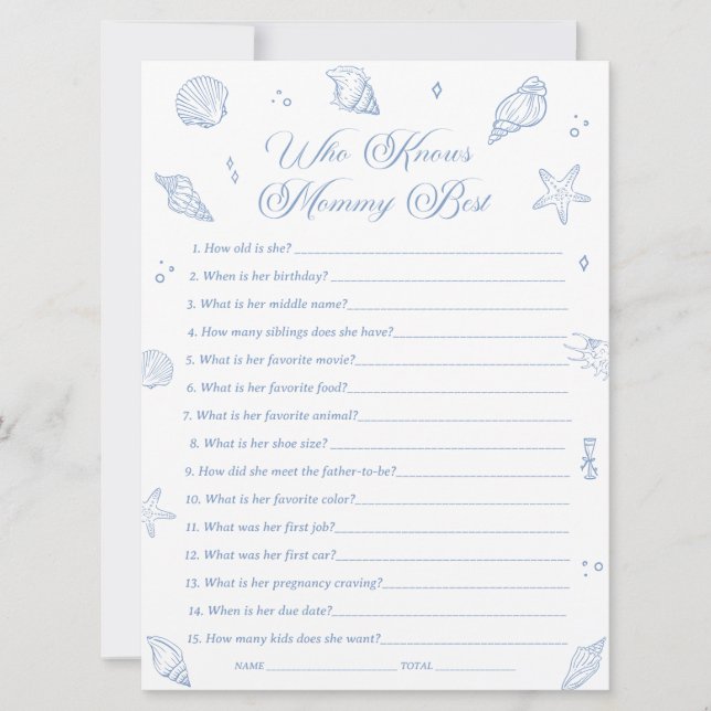Coastal Baby Shower Who Knows Mommy Best Game Card (Front)
