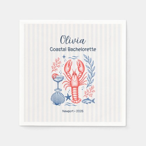 Coastal Bachelorette Blue Coral Lobster Paper Napkins