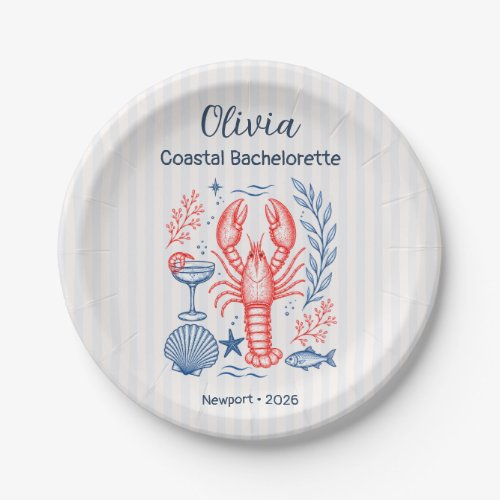 Coastal Bachelorette Blue Coral Lobster Paper Plates