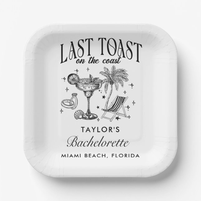 Coastal Bachelorette Modern Cocktail Party Black Paper Plates (Front)