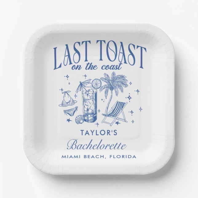 Coastal Bachelorette Modern Cocktail Party Blue Paper Plates (Front)