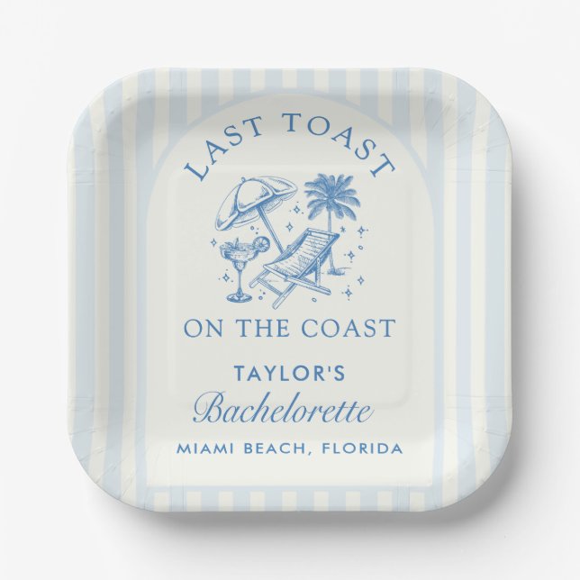 Coastal Bachelorette Modern Cocktail Party Blue Paper Plates (Front)