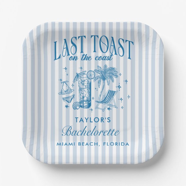 Coastal Bachelorette Modern Cocktail Party Blue Paper Plates (Front)