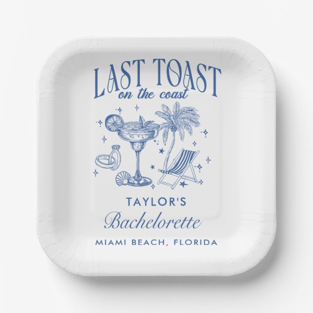 Coastal Bachelorette Modern Cocktail Party Blue Paper Plates (Front)