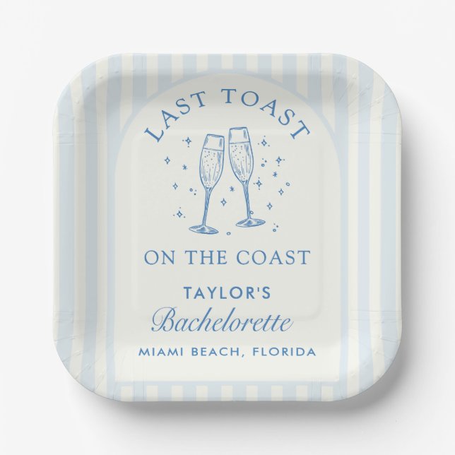 Coastal Bachelorette Modern Cocktail Party Blue Paper Plates (Front)