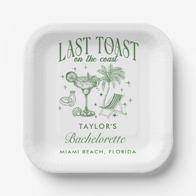 Coastal Bachelorette Modern Cocktail Party Green Paper Plates (Front)