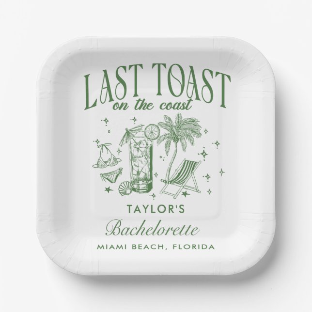 Coastal Bachelorette Modern Cocktail Party Green Paper Plates (Front)