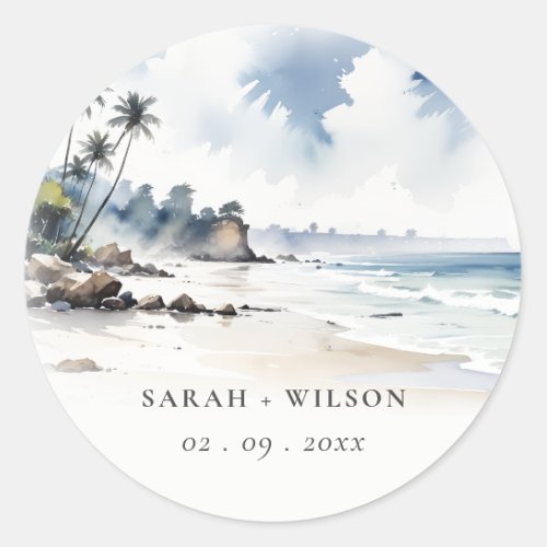 Coastal Bali Beach Palm Tree Watercolor Wedding Classic Round Sticker