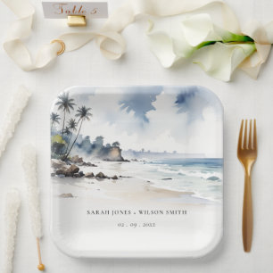 Coastal Bali Beach Palm Tree Watercolor Wedding Paper Plates