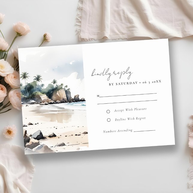 Coastal Bali Beach Palm Tree Watercolor Wedding RSVP Card (Creator Uploaded)