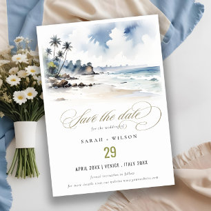 Coastal Bali Beach Palm Tree Watercolor Wedding Save The Date