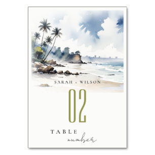 Coastal Bali Beach Palm Tree Watercolor Wedding Table Number