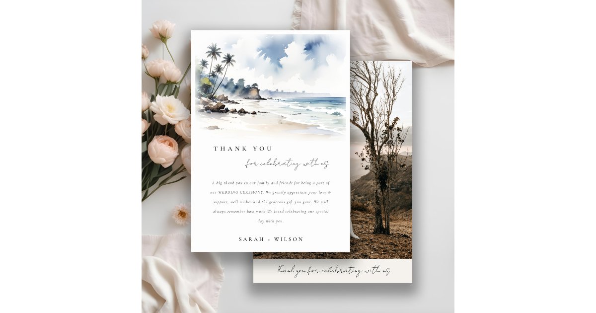 Coastal Bali Beach Palm Trees Wedding Photo Thank You Card | Zazzle