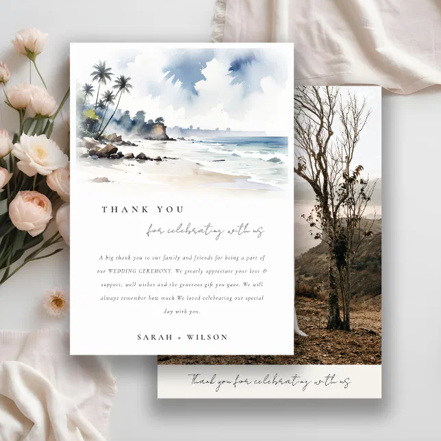 Coastal Bali Beach Palm Trees Wedding Photo Thank You Card | Zazzle