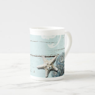 Coastal barn wood aqua blue starfish seashells bone china mug
