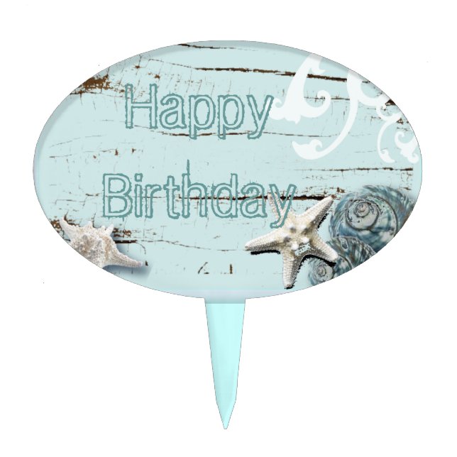 Coastal barn wood aqua blue starfish seashells cake topper (Front)
