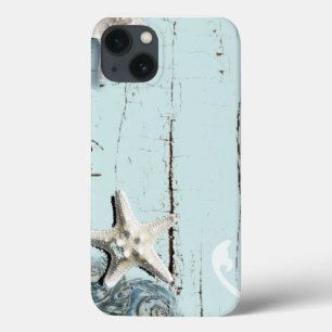 Coastal barn wood aqua blue starfish seashells iPhone 13 case