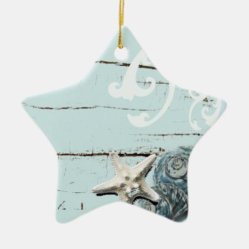 Coastal barn wood aqua blue starfish seashells ceramic ornament