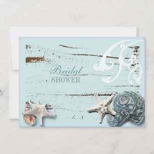 Coastal barn wood aqua blue starfish seashells invitation