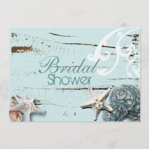 Coastal barn wood aqua blue starfish seashells invitation
