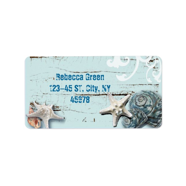 Coastal barn wood aqua blue starfish seashells label (Front)
