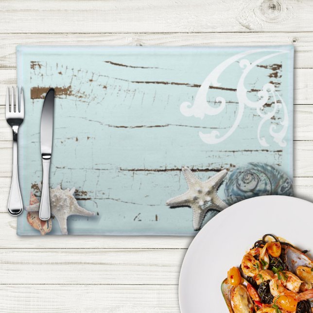 Coastal barn wood aqua blue starfish seashells placemat (Coastal barn wood aqua blue starfish seashells placemat)